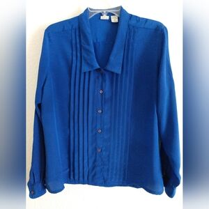 Vintage Elle Blouse Blue Pleated Front V Neck Long Sleeve Size 10 Chest 40"